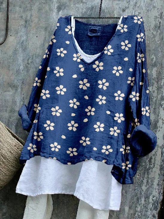 Women Floral V Neck Vintage Long Sleeve T-shirt