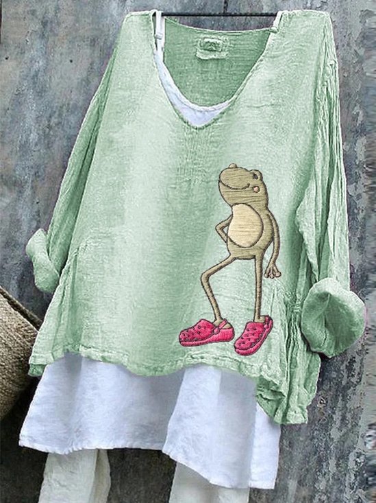 Women Animal V Neck Vintage Long Sleeve T-shirt