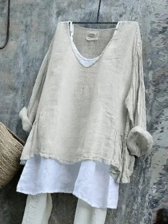 Women Plain V Neck Vintage Long Sleeve T-shirt