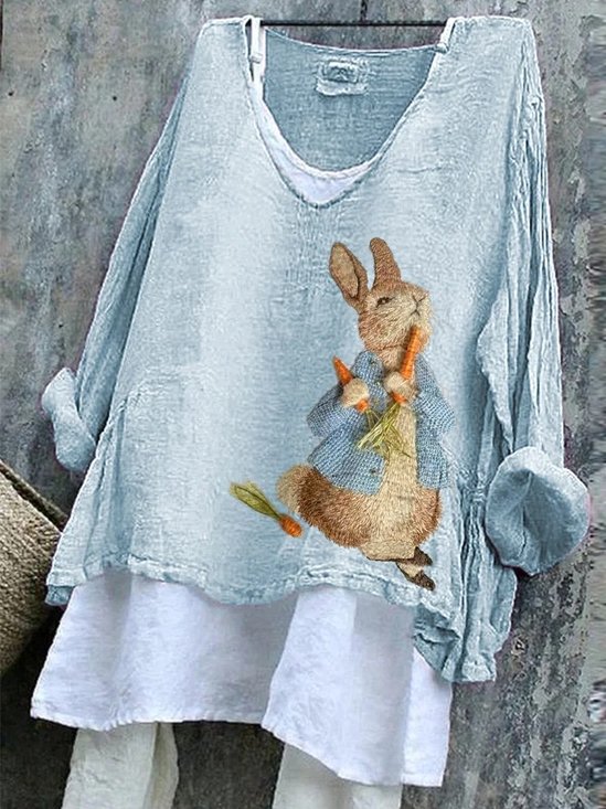 Women Easter (rabbit) V Neck Vintage Long Sleeve T-shirt
