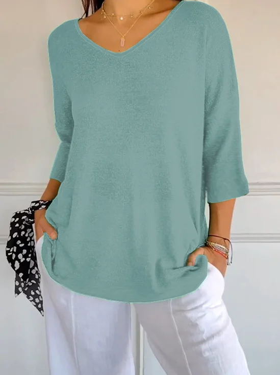 Women Plain V Neck Casual Three Quarter Sleeve T-shirt