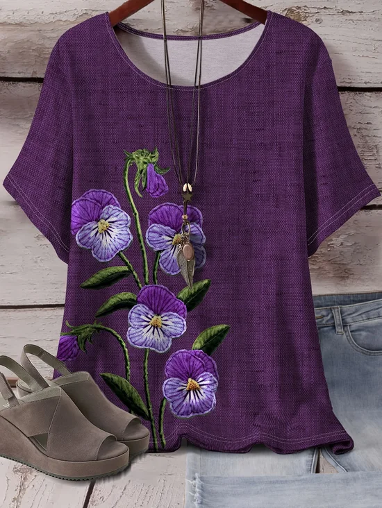Women Floral Crew Neck Casual Short Sleeve T-shirt