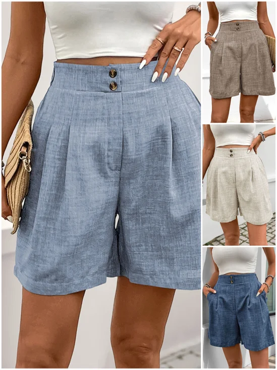 2025 New European and American Loose Casual Pants Cross-border Button Decoration Solid Color High Waist Straight Shorts Women