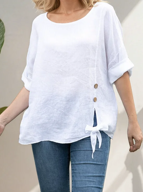Linen Casual Plain Crew Neck linen-cotton Blouse