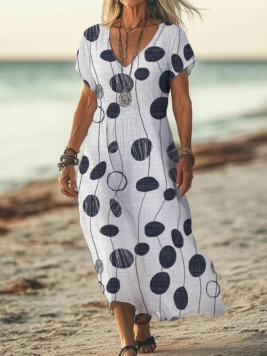 Women's Polka Dot Printed Casual V-Neck Short Sleeve Dress