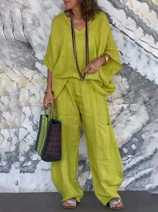 Casual Plain V Neck Two-Piece Set