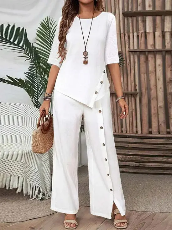Casual Plain Crew Neck Two-Piece Set