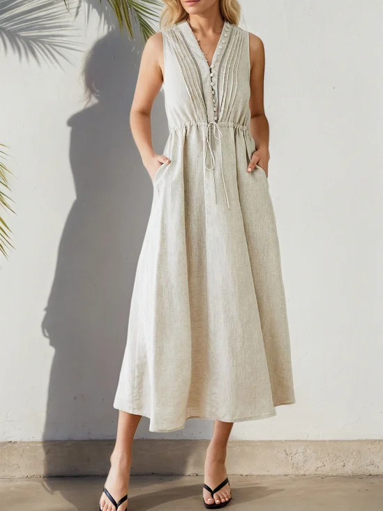 Vacation Plain  V Neck linen-cotton Midi Dress