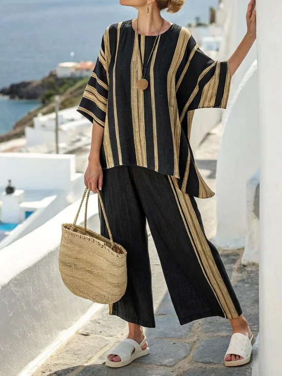 Crew Neck Loose Casual Striped Two-Piece Set