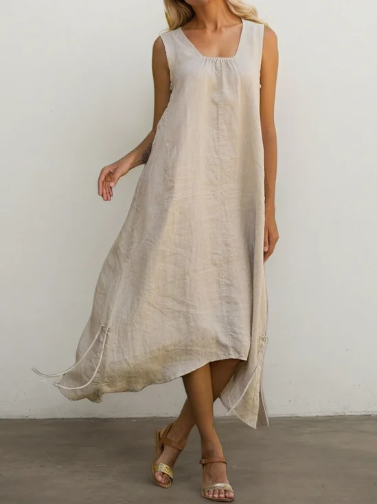 Casual Plain Square Neck Midi linen-cotton Dress