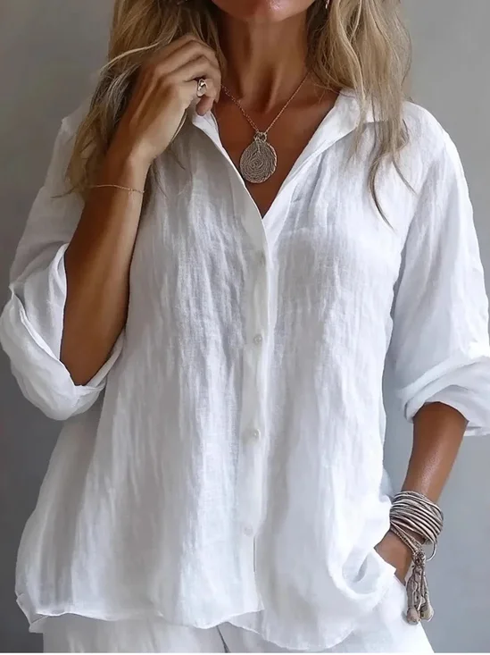 Cotton Shirt Collar Casual Plain Shirt