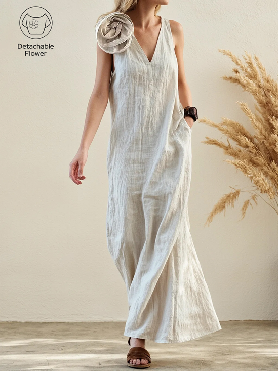 Casual Plain 3D Floral V Neck linen-cotton Maxi Dress