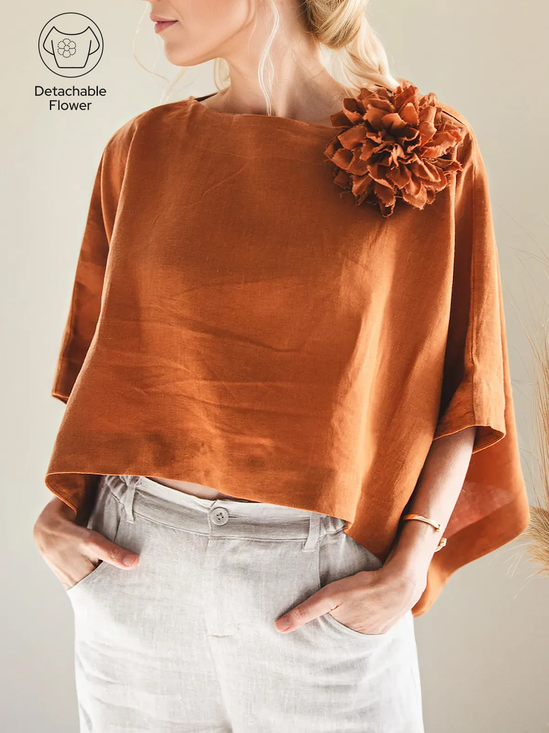 Linen Casual Plain 3D Floral Off The Shoulder linen-cotton Blouse
