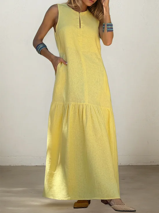 Vacation Plain Crew Neck linen-cotton Maxi Dress