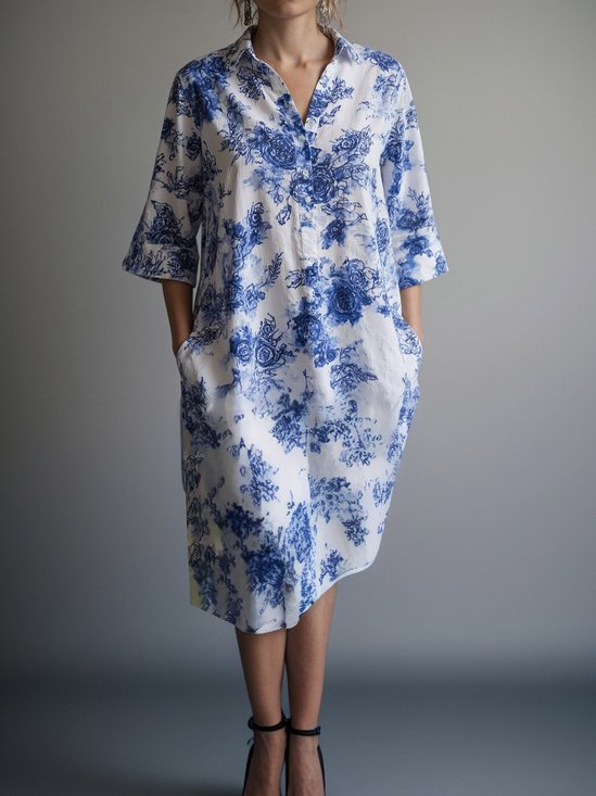 Casual Plants Shirt Collar Midi Dress