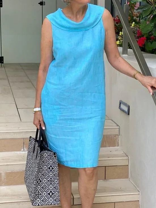 Women's Sleeveless Summer Sky Blue Solid Shawl Collar Daily Outing Casual Midi A-Line Slim Flared Skirt Dress