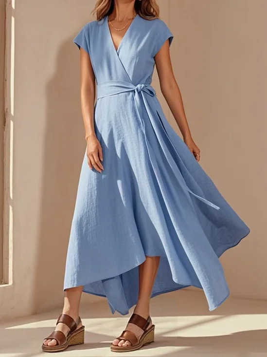 Urban Plain V Neck linen-cotton Maxi Dress Belt