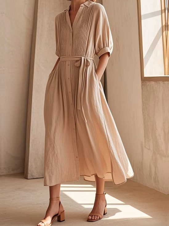 Casual Plain linen-cotton Shirt Collar Maxi Dress Belt