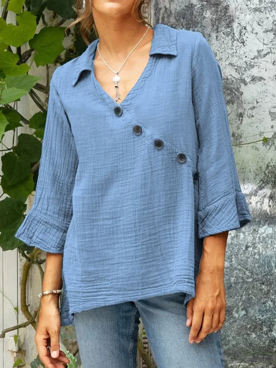 Casual Plain Buttoned V Neck Blouse