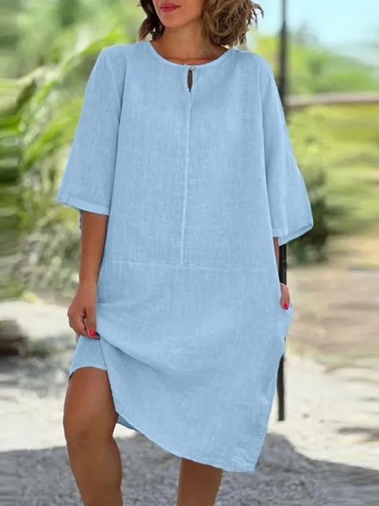 Casual Plain Crew Neck Midi Dress