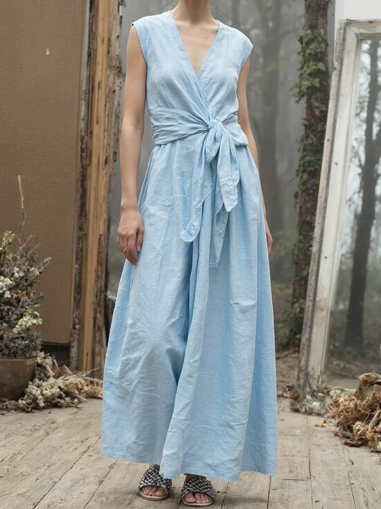 Vacation Plain linen-cotton V Neck Maxi Dress Belt
