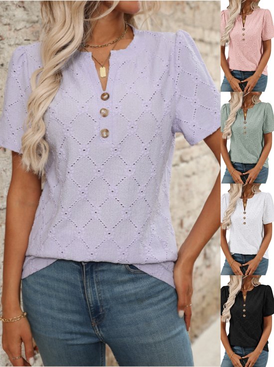 Women Plain V Neck Casual Short Sleeve T-shirt