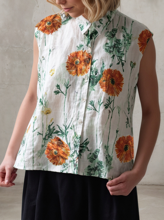 Linen Casual Plants Shirt Collar linen-cotton Shirt