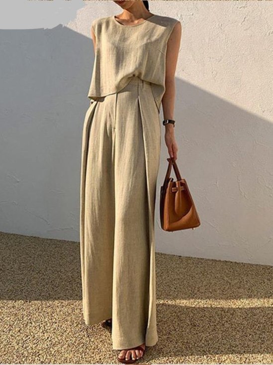 Crew Neck Plain Street Regular Fit Two-Piece Set