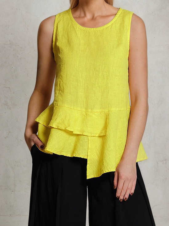 Linen Casual Plain Asymmetric linen-cotton Crew Neck Blouse