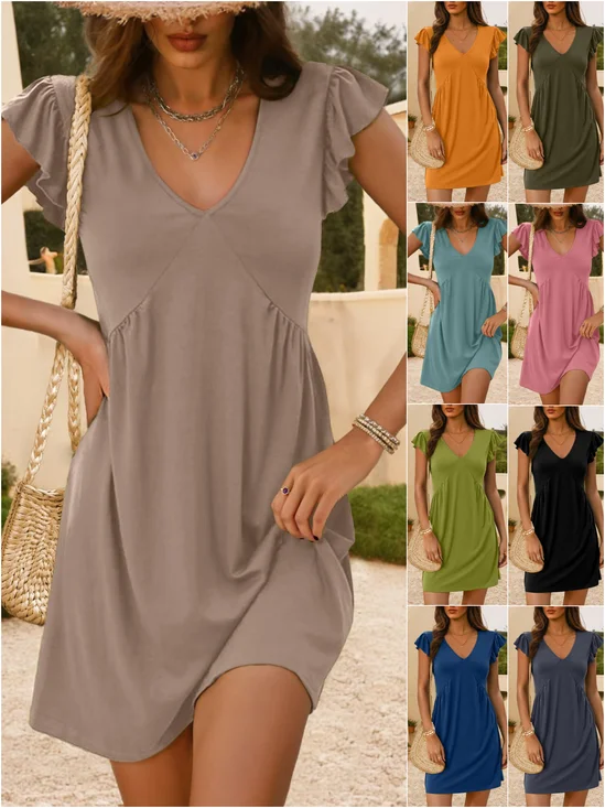 Women's Short Sleeve Summer Navyblue Plain V Neck Daily Going Out Casual Knee Length A-Line Ruffle Skirt Dress