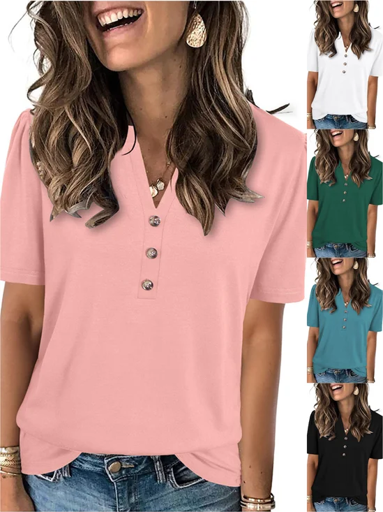 Women Plain V Neck Casual Short Sleeve T-shirt