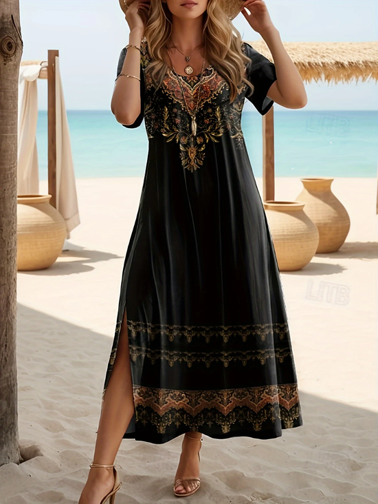 Women's Floral Print Casual Round Neck Short Sleeve Slit Dress