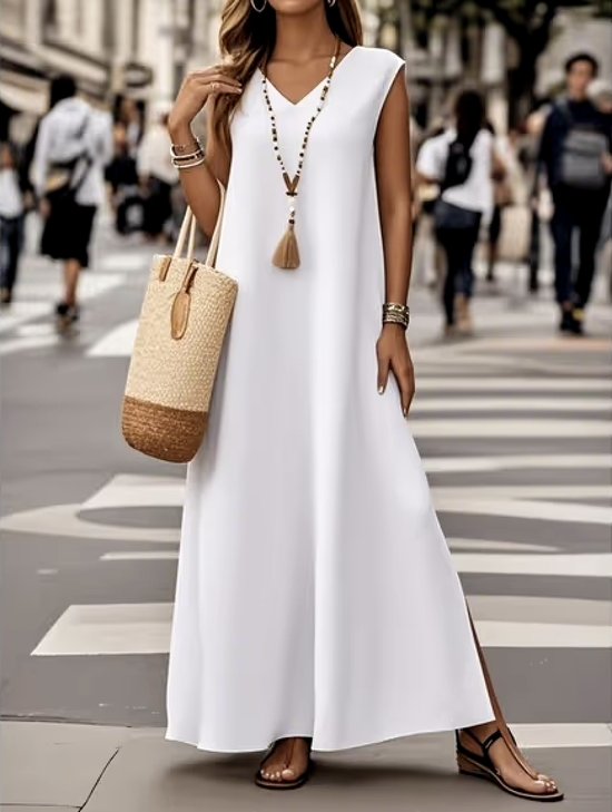 Regular Fit Linen Casual V Neck Dress With No