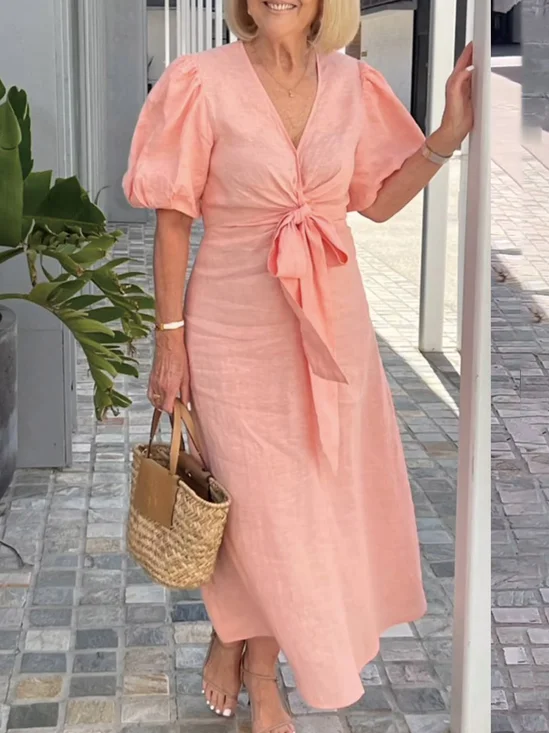 Casual Plain Lace-up V Neck Maxi Dress
