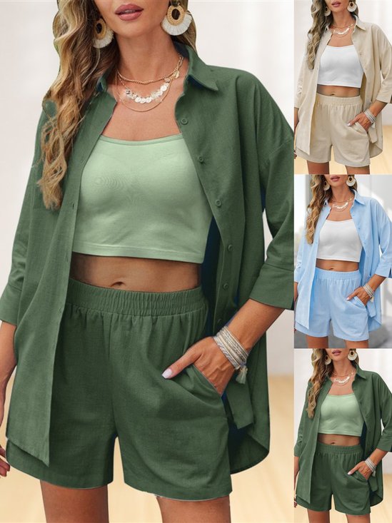 Women's Plain Daily Going Out Two-Piece Set Army Green Casual Spring/Fall Top With Pants Matching Set