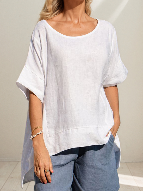 Linen Casual Plain linen Crew Neck Blouse