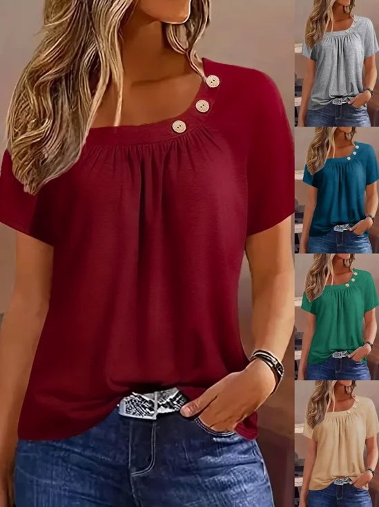 Women Plain Crew Neck Casual Short Sleeve T-shirt