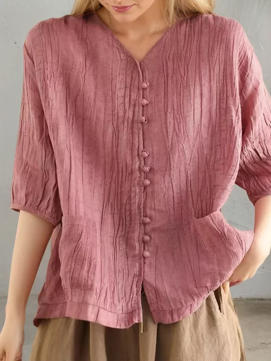 Linen Casual Plain V Neck linen-cotton Blouse