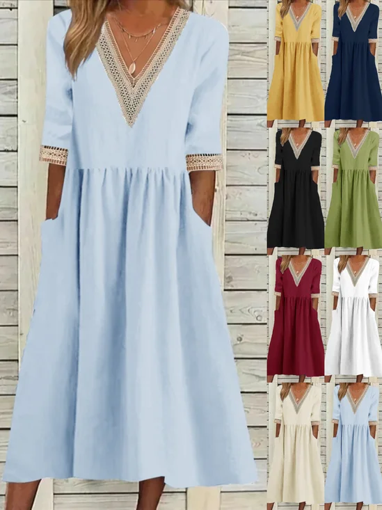 Women's Half Sleeve Summer Light Blue Plain Split Joint V Neck Daily Going Out Casual Maxi A-Line Fit & Flare Dress Dress