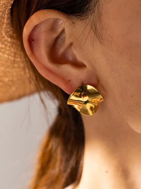 Titanium Steel 18k Gold Plated Round Pleated Earrings
