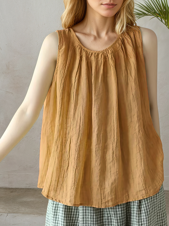 Linen Casual Plain linen-cotton Crew Neck Tank Top