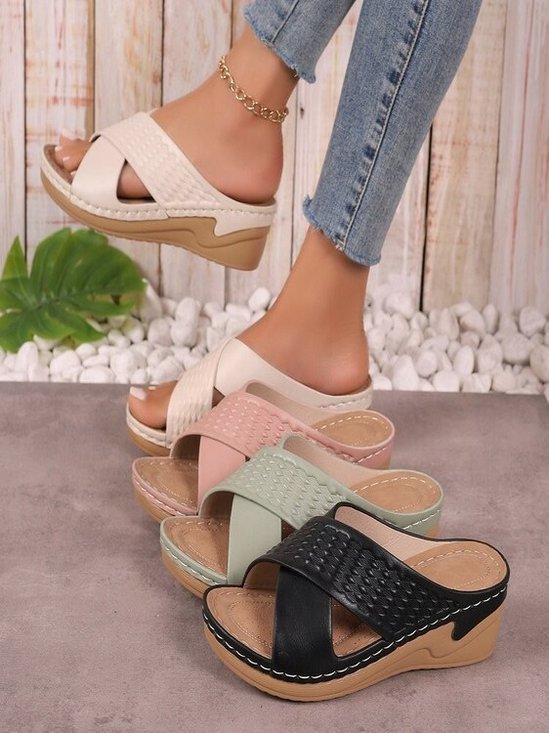 Hollow Cross Strap Thick-soled Sandals For Women Cross-border Velcro Solid Color Lightweight Wedge Heel Beach Sandals