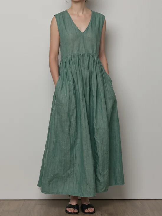 Vacation Plain linen-cotton V Neck Maxi Dress
