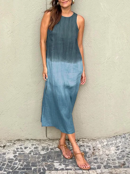 Women's Sleeveless Summer Blue Color Block Crew Neck Daily Going Out Casual Maxi A-Line Flowy Dress Dress