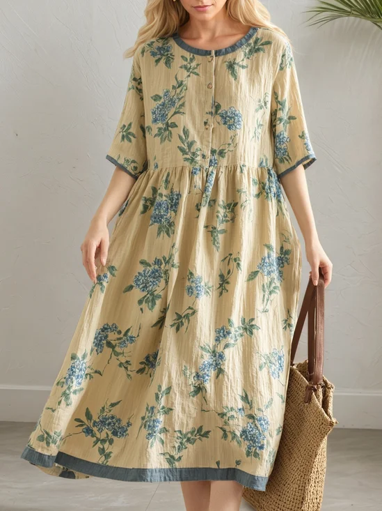 Vacation Floral linen-cotton Crew Neck Midi Dress