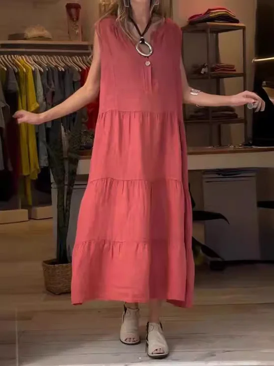 Women's Sleeveless Summer Brick Red Plain Shirred Half Open Collar Daily Going Out Casual Maxi A-Line Tank Dress