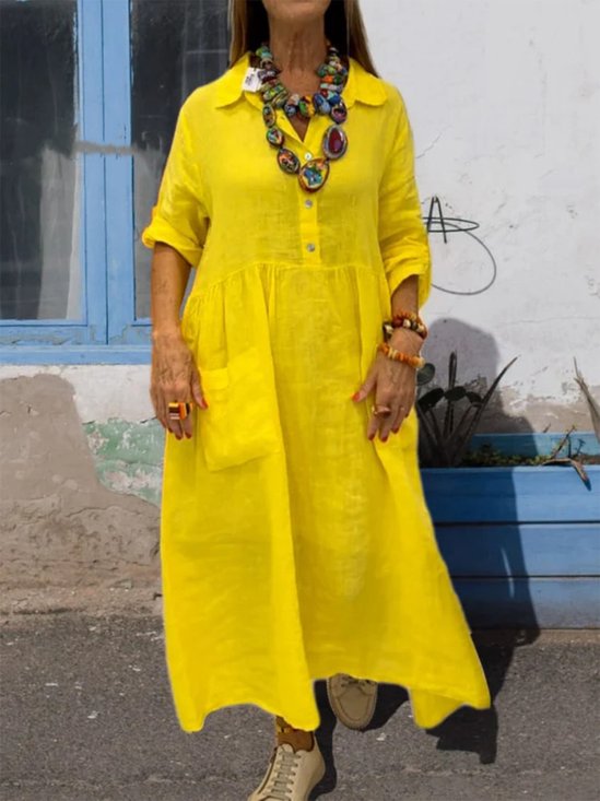 Casual Plain Shirt Collar Maxi Dress