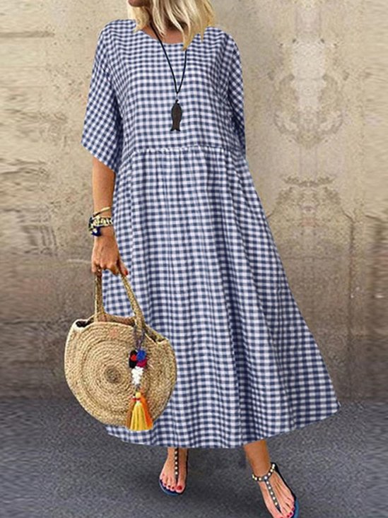Casual Plaid Crew Neck Maxi Dress