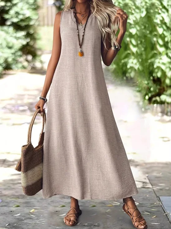 Casual Linen V Neck Dress With No