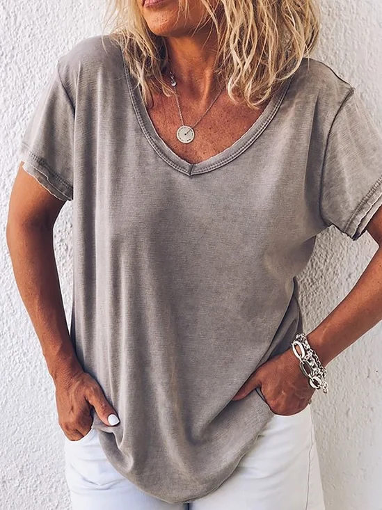Women Plain V Neck Casual Short Sleeve T-shirt